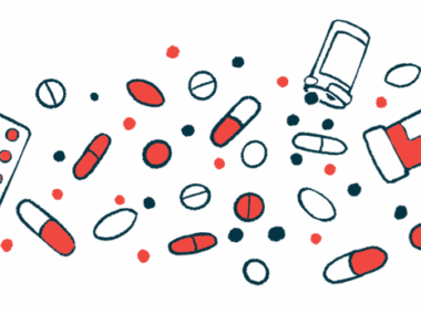 A variety of pills and their containers are spread out across a white background.