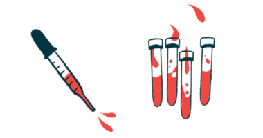 A dropper is pictured squirting blood alongside four half-filled vials.