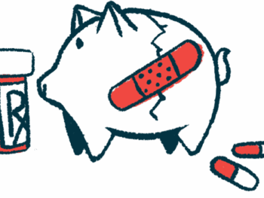 A cracked and bandaged piggybank next to a bottle of medicine signifies high health care costs in this illustration.