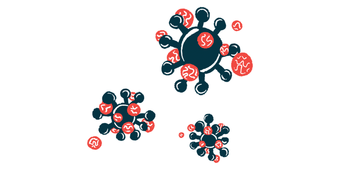 A cluster of cells float together in this infection illustration.