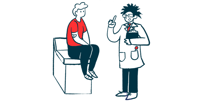 A doctor talks to a patient as he sits on an examination table.