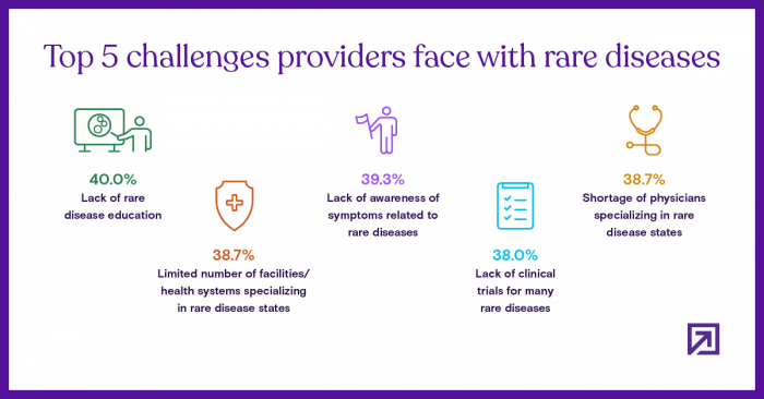 Definitive Healthcare survey, rare disease care | infographic of top 5 challenges providers face with rare diseases