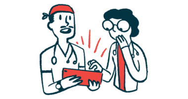 An illustration of two doctors looking at a tablet.