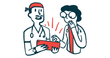 An illustration of two doctors showing surprise as they look at a tablet.