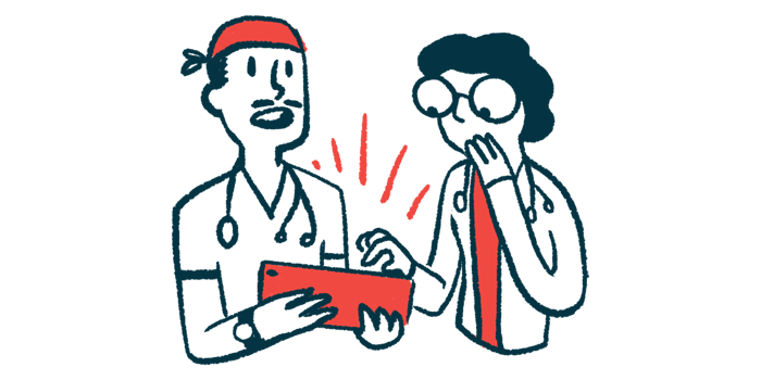 An illustration of two doctors showing surprise as they look at a tablet.