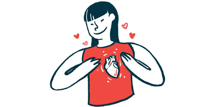 A woman reaches up her arms as if to hug an anatomic image of her heart in front of her chest.