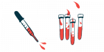 A dropper is seen squirting blood alongside four half-filled vials of blood.