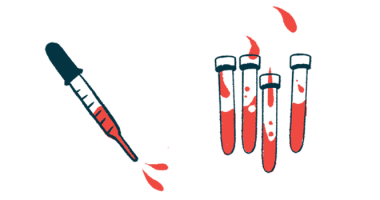 A dropper is seen squirting blood alongside four half-filled vials of blood.