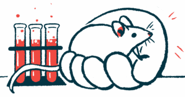 An illustration of a mouse in a human hand by three vials of blood.