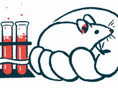 An illustration of a mouse in a human hand by three vials of blood.