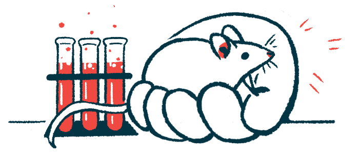 An illustration of a mouse in a human hand by three vials of blood.