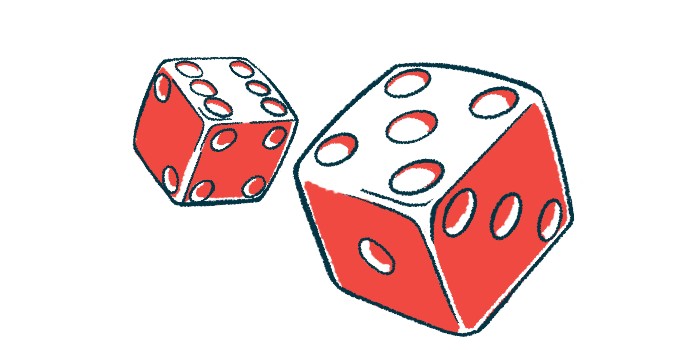 A pair of dice are rolling.