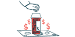 This illustration shows a medicine bottle of pills sitting on a dollar bill, with dollar signs on each of its sides and a hand holding a coin above it.