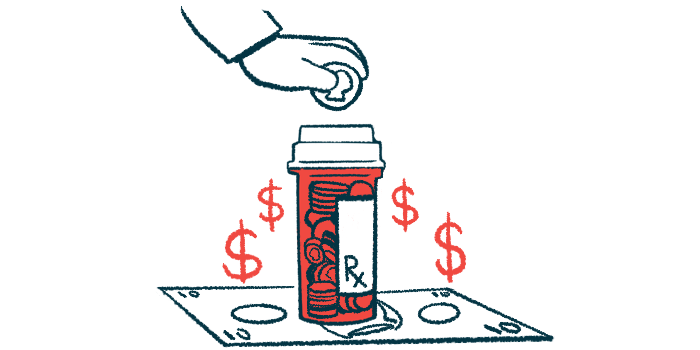This illustration shows a medicine bottle of pills sitting on a dollar bill, with dollar signs on each of its sides and a hand holding a coin above it.