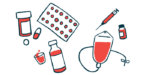 An illustration shows different types of medications, from pills and capsules to an injection needle to a bag for intravenous therapy.