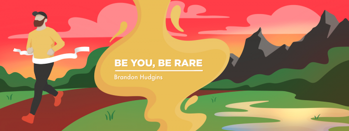 banner image for "Be You, Be Ware," Brandon Hudgins' column, which depicts a red sky with clouds, a man walking a path on one side and green mountains on the other