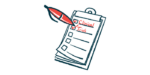 An oversized red pen is shown ticking boxes marked clinical and trials on a clipboard checklist.