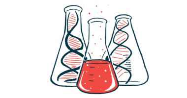 An illustration shows a strand of the DNA double helix contained in a lab bottle.