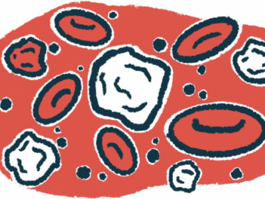 An illustration shows a close-up view of a cluster of red and white blood cells.
