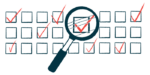 A magnifying glass takes a closer look at one of a number of checked boxes in an illustration.