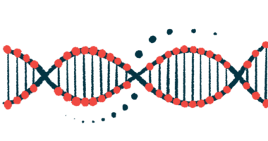 An illustration of a strand of DNA highlights its double helix construction.