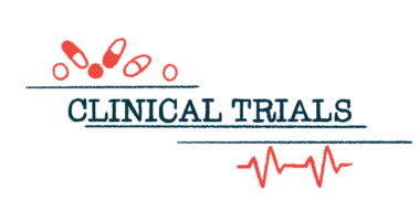 The words 'CLINICAL TRIALS' are shown with a handful of oral medications at the top left corner and a heart rate graph at the bottom right corner.