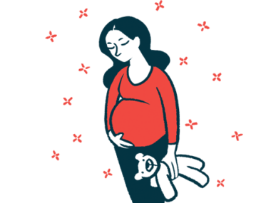 A pregnant woman holding a teddy bear is shown.