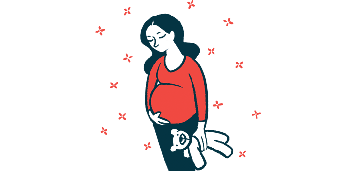 A pregnant woman holding a teddy bear is shown.