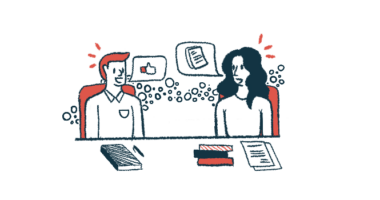 Speech bubbles highlight a conversation between two people seen collaborating over data.