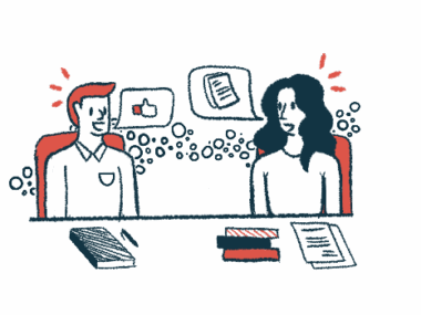 Speech bubbles highlight a conversation between two people seated at a table and seen collaborating over data.