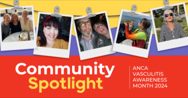 Five photos showing people affected by ANCA vasculitis, who are sharing their real-life stories during ANCA Vasculitis Awareness Month, are hung with clips on a string above the words 'Community Spotlight.'