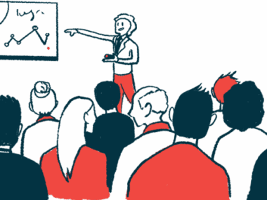 Illustration of a speaker pointing at a chart in front of an audience.