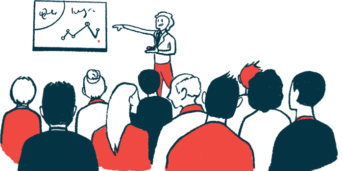 Illustration of a speaker pointing at a chart in front of an audience.