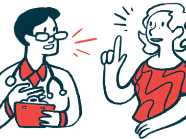 A patient gestures while talking with a clinician, who's holding a clipboard.
