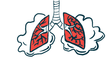 A pair of lungs is shown struggling to breathe.