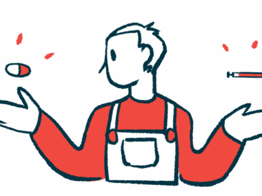 A person weighs two medication choices, with a capsule seen above one outstretched hand and an injection syringe above the other.