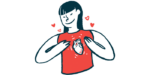 A woman holds up her hands to frame her heart in this illustration.