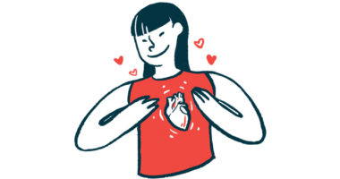 A woman holds up her hands to frame her heart in this illustration.