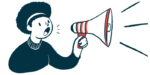 A person speaks using a megaphone.