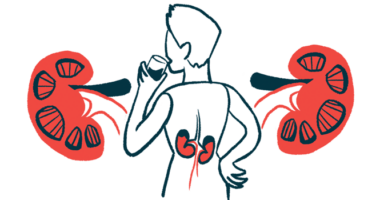 An oversized set oof kidneys hover next to a person, whose kidneys are visible, drinking a glass of water.