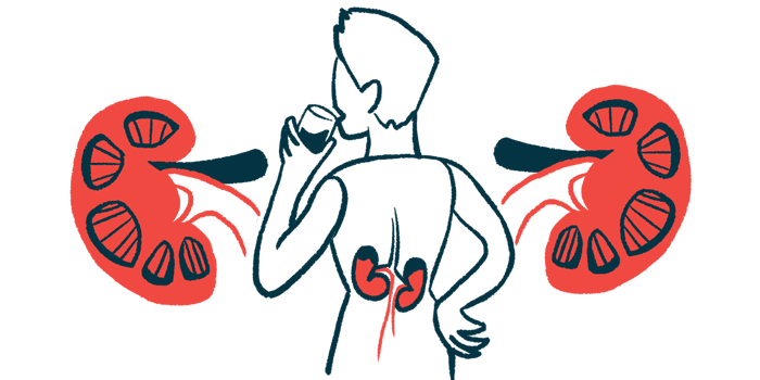 An oversized set oof kidneys hover next to a person, whose kidneys are visible, drinking a glass of water.