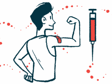 A giant syringe hovers alongside a patient with a bandage on their right bicep, seen from behind.