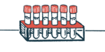 Six filled vials are stored on a rack.