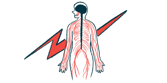 The brain, spinal cord, and peripheral nerves are highlighted on a silhouette of person, with a lightning blot in the background.
