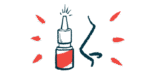 A squirting intranasal, or into-the-nose, medication bottle is pictured alongside the outline of a human nose, seen in profile.