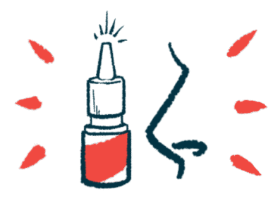 A squirting intranasal, or into-the-nose, medication bottle is pictured alongside the outline of a human nose, seen in profile.