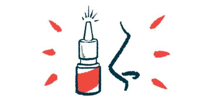 A squirting intranasal, or into-the-nose, medication bottle is pictured alongside the outline of a human nose, seen in profile.