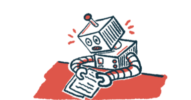 Illustration of a robot reading a sheet of paper, representing artificial intelligence analyzing data.