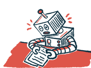 Illustration of a robot reading a sheet of paper, representing artificial intelligence analyzing data.